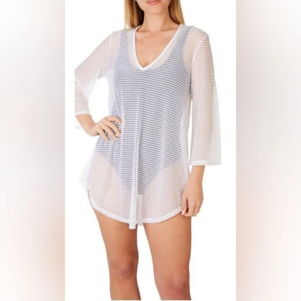 Jordan Taylor Swim Cover Up Mesh Tunic Bell Sleeve In Ivory Size M
